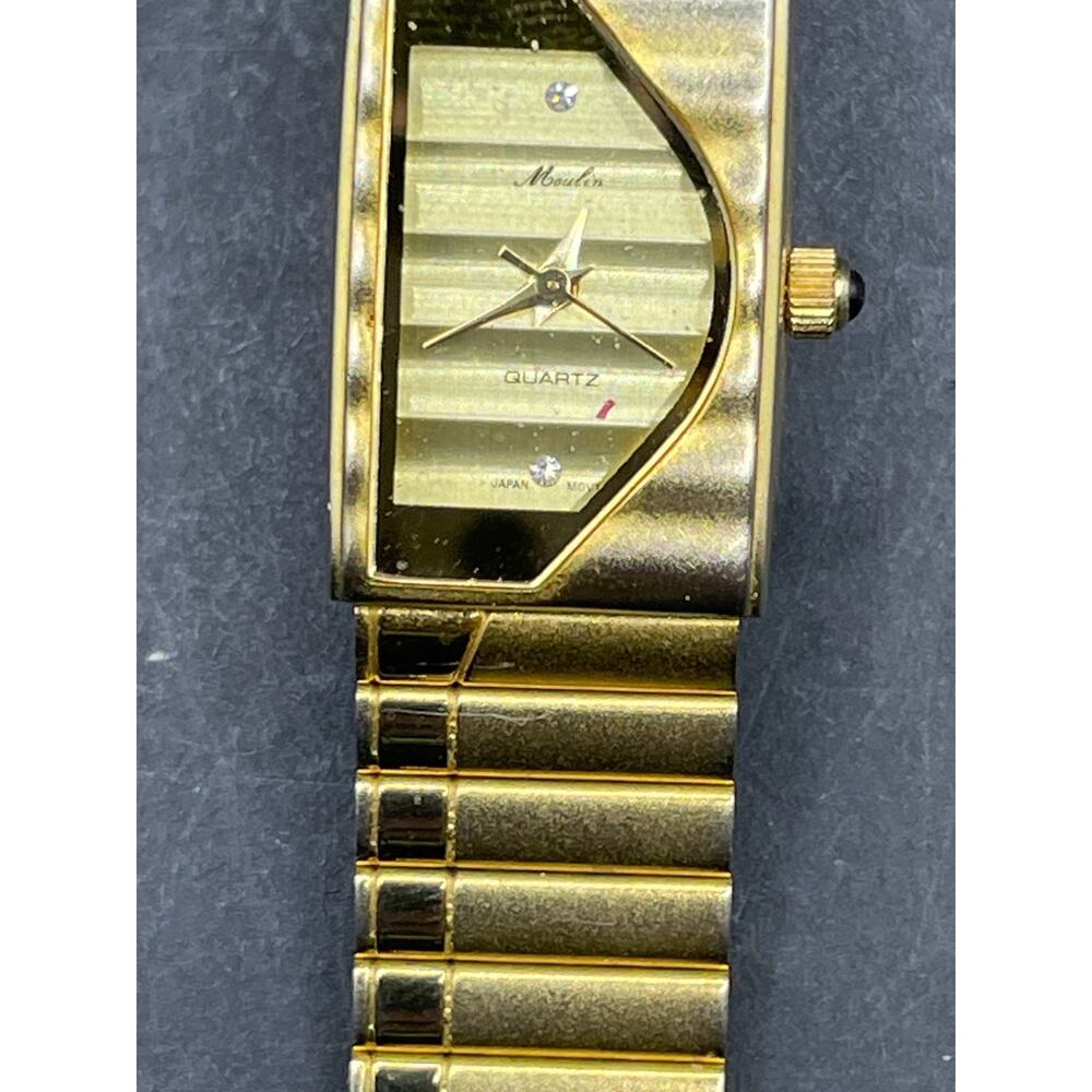 Vintage Moulin Quartz Diamond Watch Women Half Moon Black Gold Tone Tank 18mm